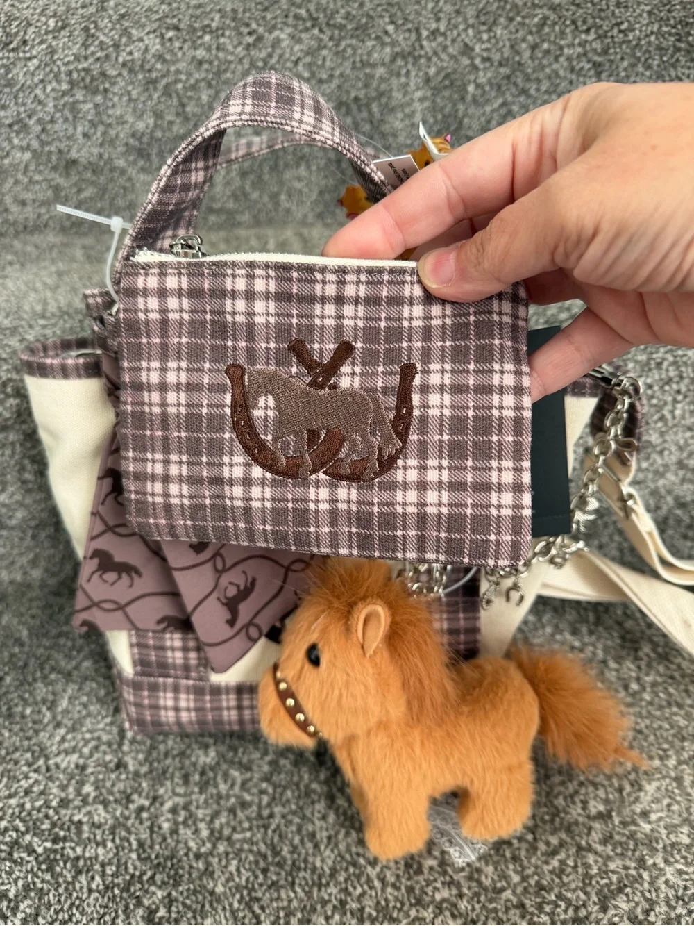 Madden Girl Brown Plaid Tote with Cream Panels & Plush Pony Charm